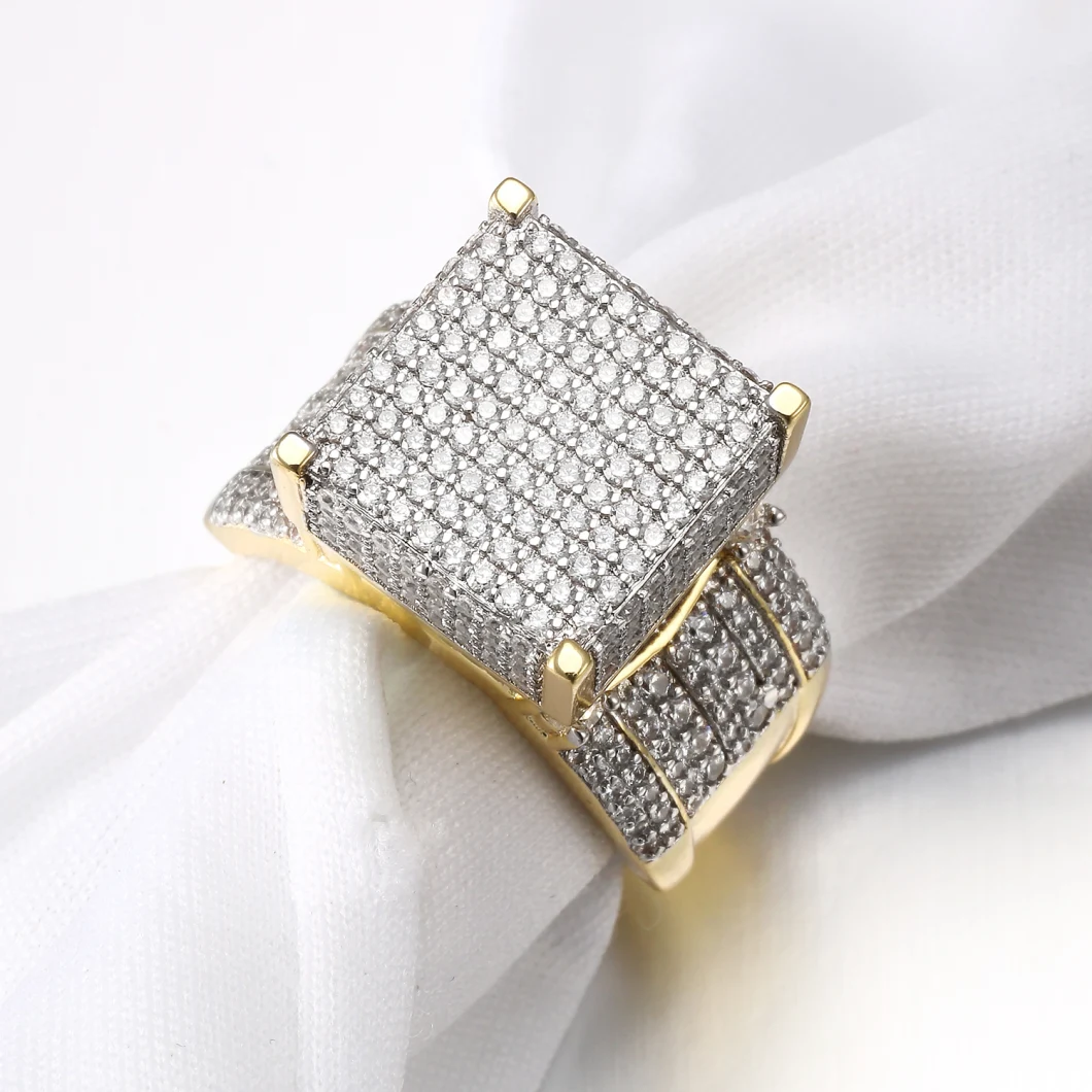 925 Thick Square Shape CZ Micro Pave Setting 18K Solid Gold Hip Hop Iced out Mens Rings for Party