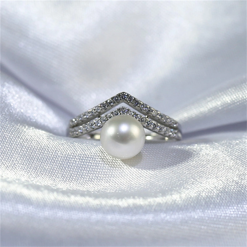 925 Sterling Silver Adjustable Zircon Freshwater Wedding Bridal Pearl Rings for Women