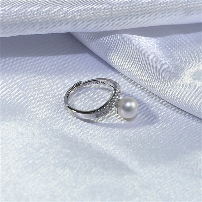 925 Sterling Silver Adjustable Zircon Freshwater Wedding Bridal Pearl Rings for Women