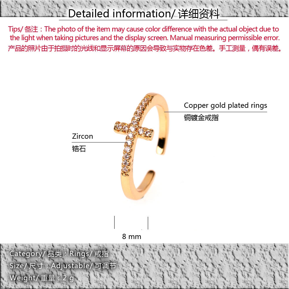 Fashion Jewelry Copper 18K Gold Plating Cubic Zirconia Pave Cross Ring for Girls