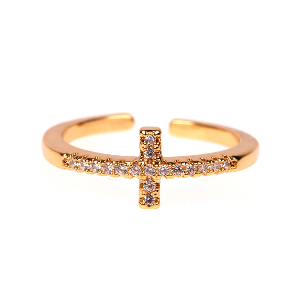 Fashion Jewelry Copper 18K Gold Plating Cubic Zirconia Pave Cross Ring for Girls