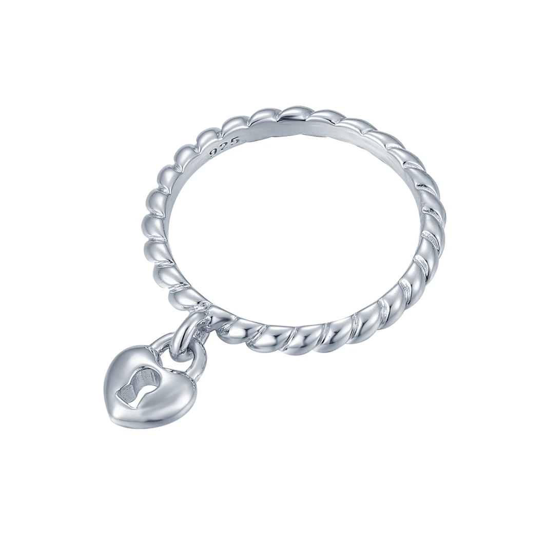 Hot Sale Lady′s String Pattern 925 Sterling Silver Ring with Heart Charm