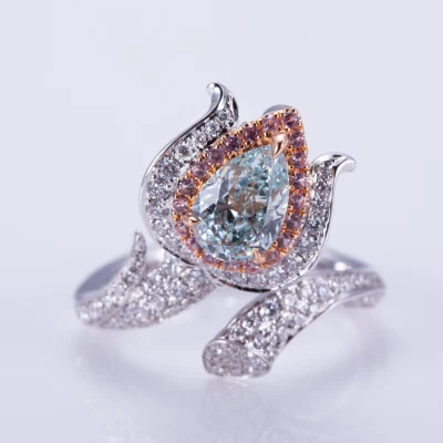Anel de noivado com flor, design exclusivo, joias personalizadas, ouro branco 18 quilates, halo, azul, diamante cultivado em laboratório, anel ajustável