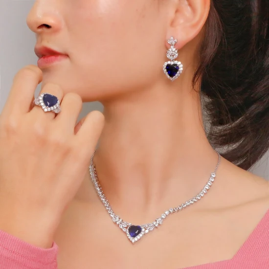 Conjunto de anéis de colar de prata esterlina 925 com coração cromado Dubai nupcial grande amor coração conjuntos de joias conjuntos de joias de casamento