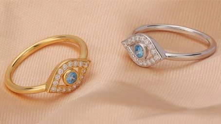 Joias bisuteria de prata esterlina 925 do Oriente Médio folheadas a ouro talismã de olhos azuis pingentes anel para mulheres