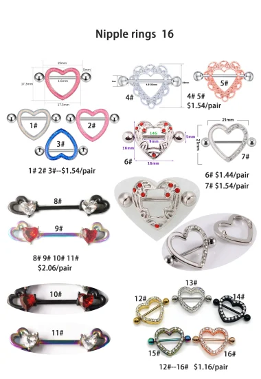 Anéis de mamilo de coração de vários estilos