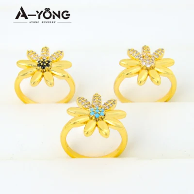 Venda popular latão turquesa flor colorida anéis de ouro zircônia para mulheres 18 quilates