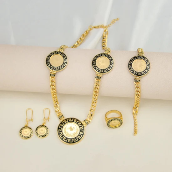 Venda imperdível colar de joias brinco pulseira anel ouro 4 pçs conjunto de bijuterias de latão 18 quilates moeda de ouro conjunto de joias árabe
