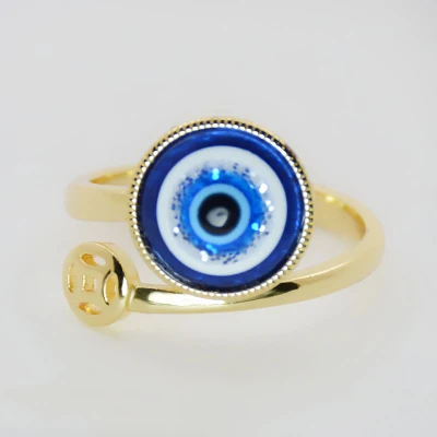 Anel de dedo personalizado banhado a ouro 18K azul cristal CZ anel aberto ajustável de zircônia Evil Eyes