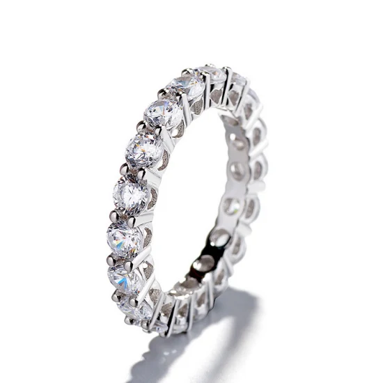 Anel de casamento de prata 925, joias, anel de diamante de corte redondo, anel de eternidade exclusivo para menina