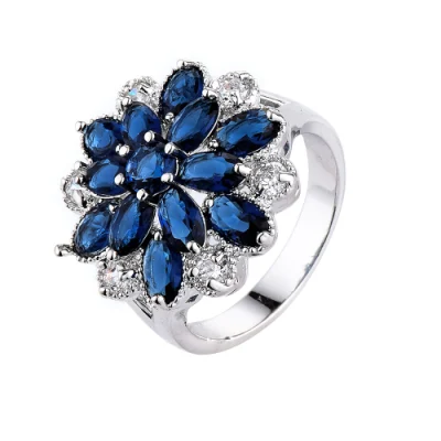 Anéis de flor de zircônia azul real para mulheres (ESG11076)