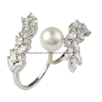 Joias com diamantes da moda anel de dois dedos com pérola concha para mulheres joias de prata 925