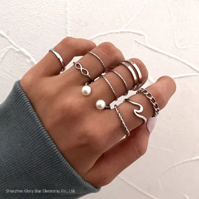 Conjunto de anéis para meninas Anel de dedo geométrico com abertura de pérola