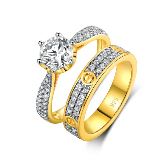 Joias da moda para amantes, joias de presente, latão, banhado a ouro 18K, casais, casamento, anel de diamante para mulheres, noivado, anel de casamento, conjunto de 2 peças, anéis banhados a ouro