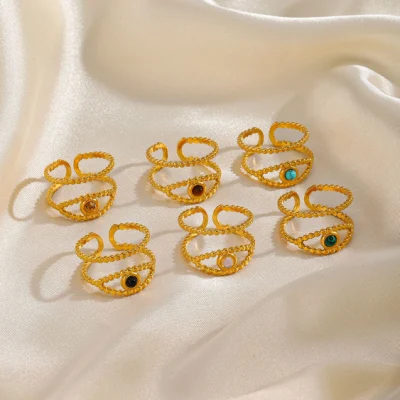 Joias com diamantes da moda Pedra do tigre/malaquita/obsidiana/opala anéis abertos ajustáveis ​​banhados a ouro 18 quilates anel de olho maligno